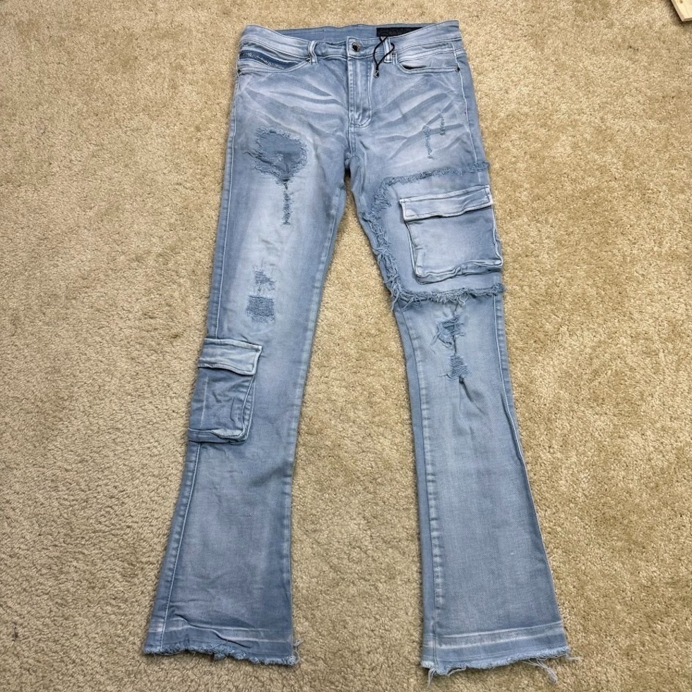 Rockstar Original Jeans Men's 34 RSM 205 Flare Stacked Distressed Cargo Blue